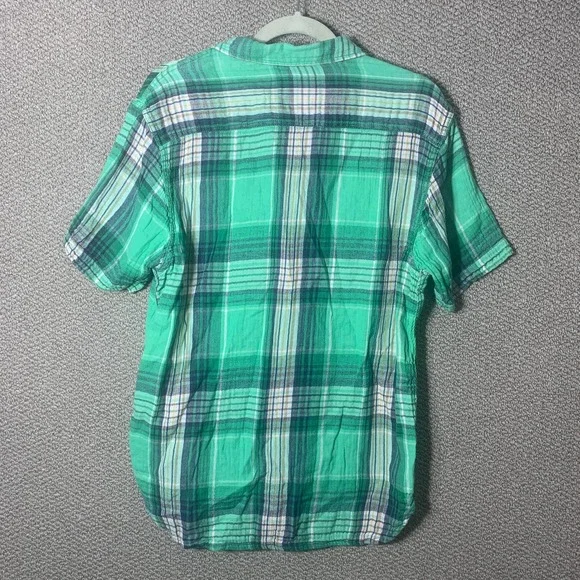 True Grit Mens Shirt Large Blue Green Plaid Button Up Short Sleeve Pocket Skater